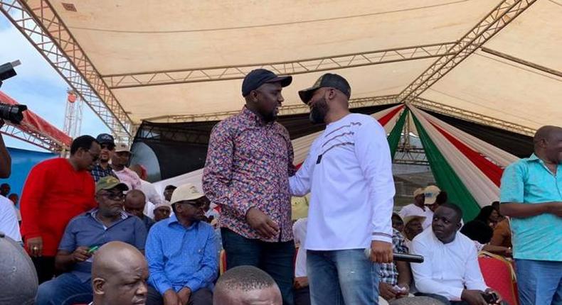 Governor Hassan Joho with Kipchumba Murkomen at the BBI forum in Mombasa