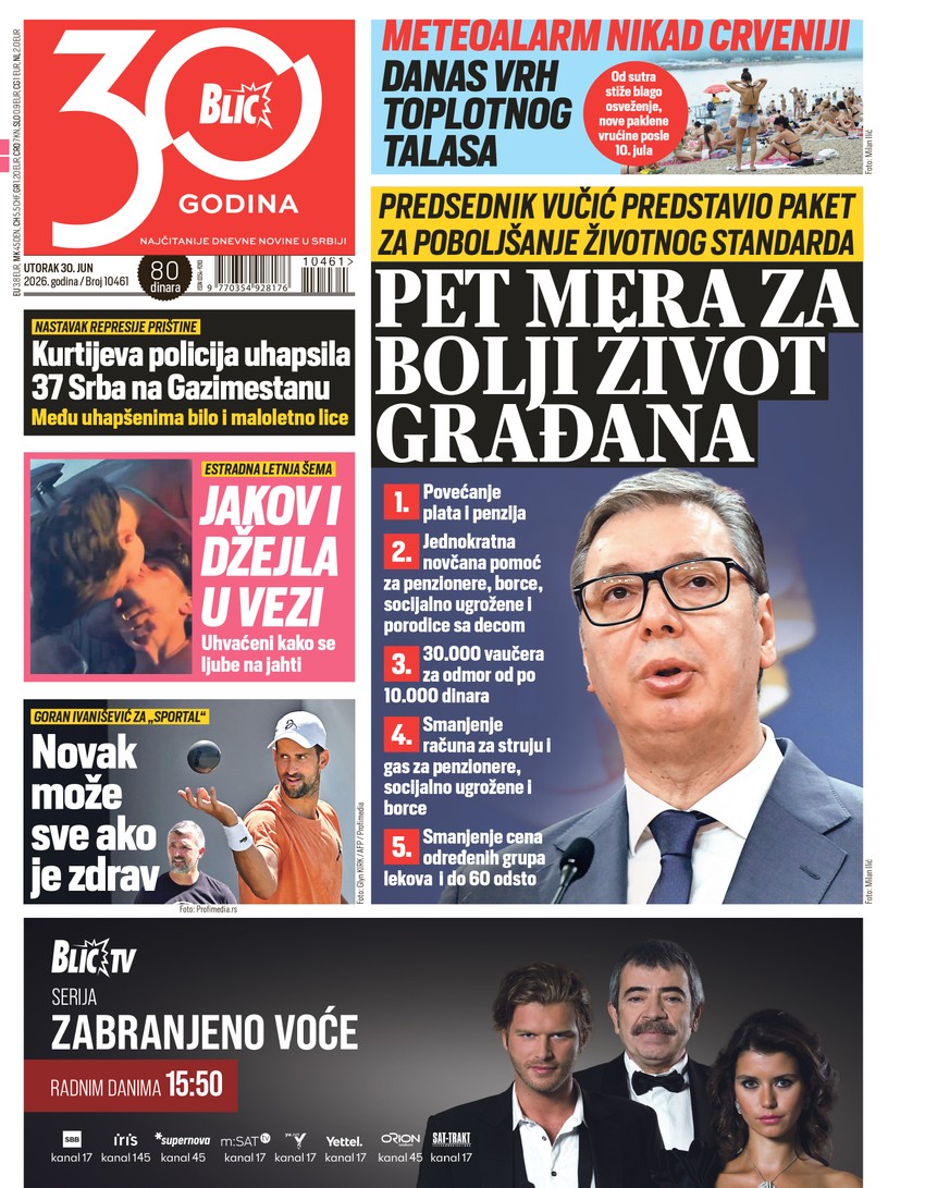 Blic naslovna strana za 30.6.