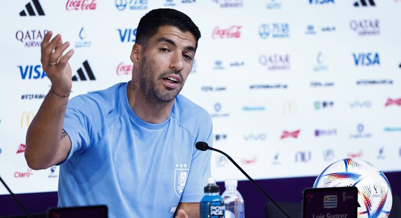 Luis Suarez addresses a press conference at the Press Center in Doha on December 1, 2022.