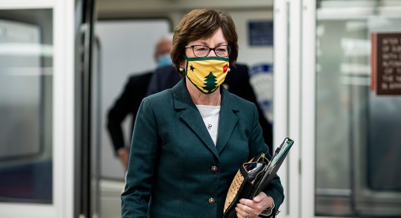 Sen. Susan Collins, R-Maine, arrives on Senate subway for a vote in the Capitol in December 2020.
