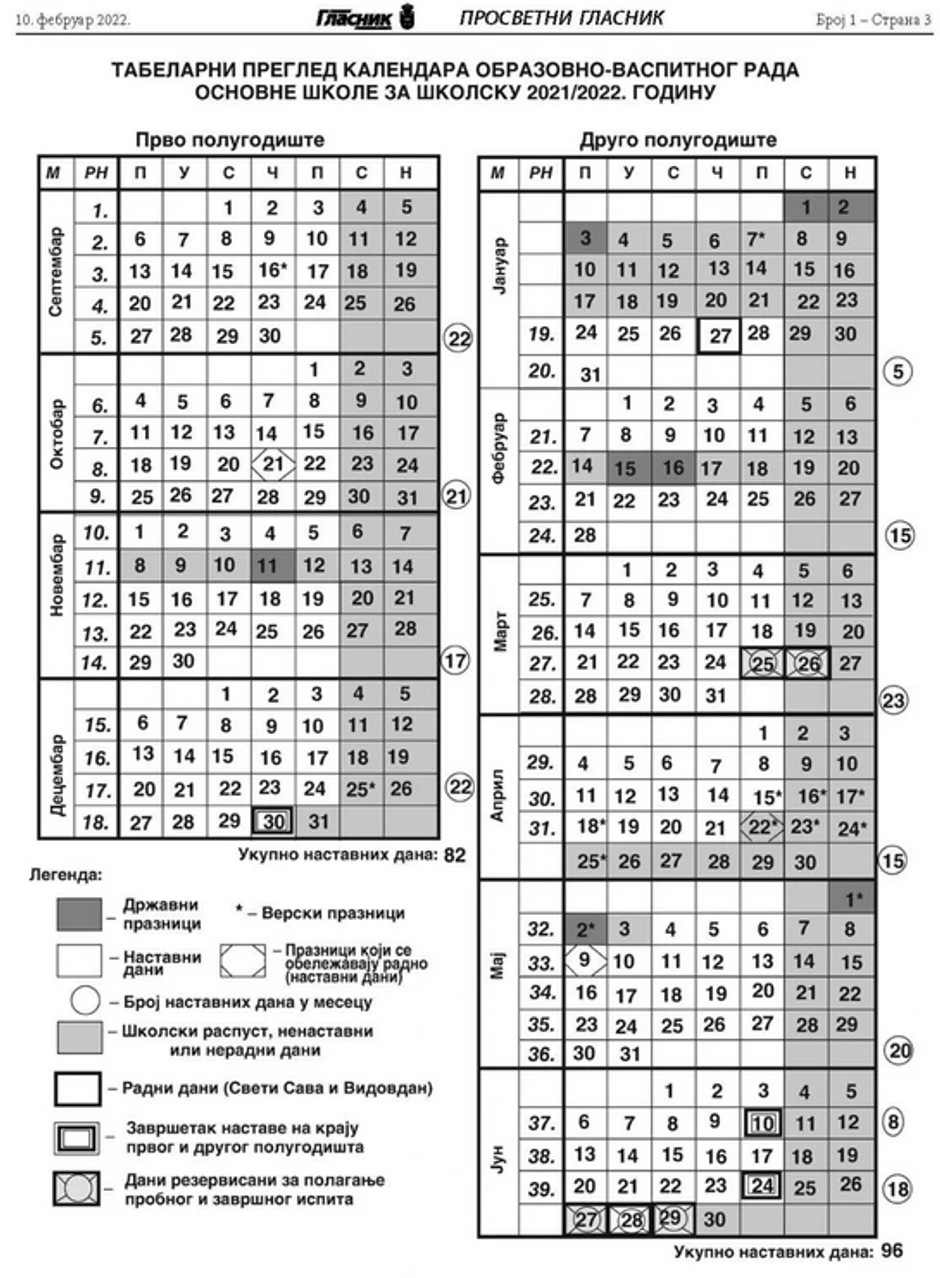 Školski kalendar 2021/2022, za osnovce