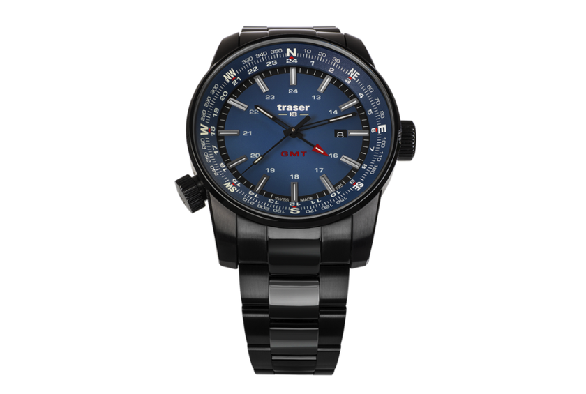 «P68 Pathfinder GMT Blue» mit blauem Ziffernblatt und Armband aus PVD-beschichtetem Edelstahl von Traser für 595 Franken. 