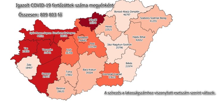 Igazolt covid fertőzöttek száma megyénként /Fotó: koronavirus.gov.hu 