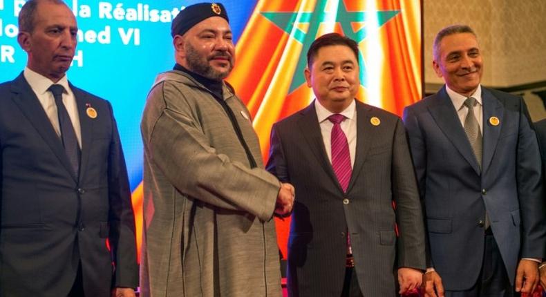 Morocco's King Mohamed VI and Li Biao, Chairman of the Chinese Haite group, at the launch of the Tech City project on March 20, 2017