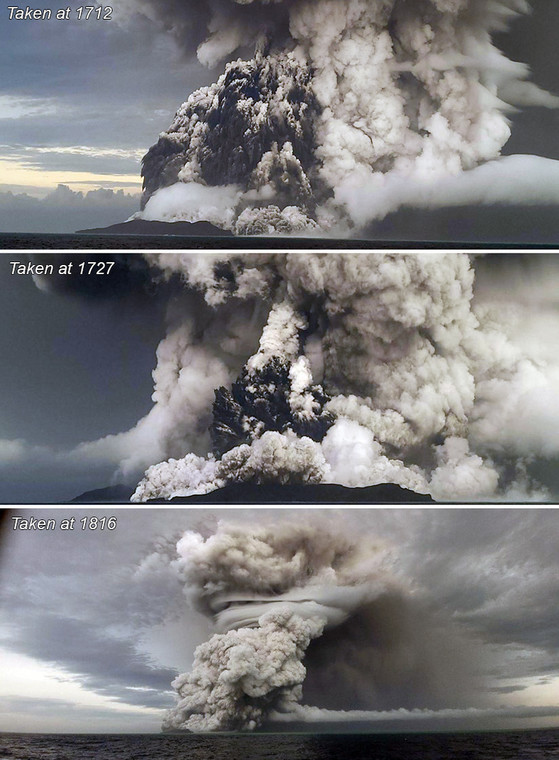 Kolejne fazy eksplozji w Hunga Tonga-Hunga Ha'apai w dniu 14 stycznia 2022 r. 