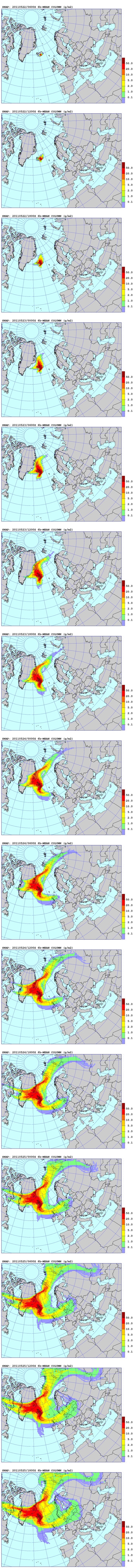 Chmura pyłu wulkanicznego w Europie - animacja pokazująca możliwość rozprzestrzeniania się pyłu(24.05.2011) - Źródło: The Norwegian Meteorological Institute - Meteorologisk institutt