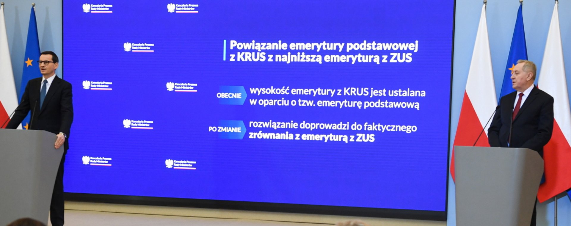 Mateusz Morawiecki i Henryk Kowalczyk po posiedzeniu rządu w sprawie emerytur rolników