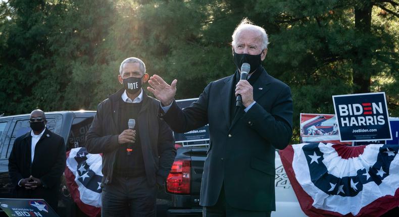 Joe Biden and former President Barack Obama at an event in Bloomfield Hills, Michigan, on October 31.