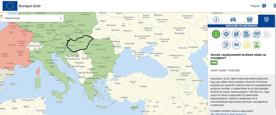Az Európai Bizottság által készíttetett interaktív, európai turistatérkép Magyarországról / Forrás: reopen.europa.eu
