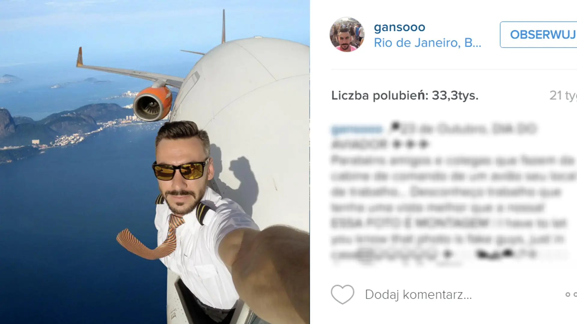 Pilot samolotu i jego niesamowite selfie z głową za oknem. Sprytny fotomontaż, czy odważny wyczyn?