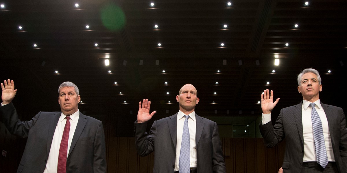 From left, Valeant's outgoing CEO, J. Michael Pearson; former chief financial officer Howard Schiller; and billionaire investor William Ackman, whose hedge fund holds a large stake in Valeant and controls two seats on its board of directors, are sworn in on Capitol Hill in Washington, Wednesday, April 27, 2016, prior to testifying before the Senate Special Committee on Aging hearing on drastic price hikes by Valeant and a handful of other drugmakers that have stoked outrage from patients, physicians and politicians nationwide.