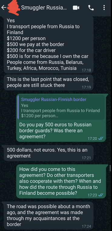 Screen fragmentu czatu z Abdullahem, w którym ten podaje cennik i potwierdza, że ma porozumienie z rosyjską strażą graniczną