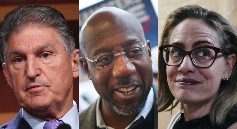 The new 51-seat Democratic majority in the US Senate will soften the influence of centrist Democratic Sens. Joe Manchin of West Virginia and Kyrsten Sinema of Arizona.Kevin Dietsch/Getty Images, Win McNamee/Getty Images, and Drew Angerer/Getty Images