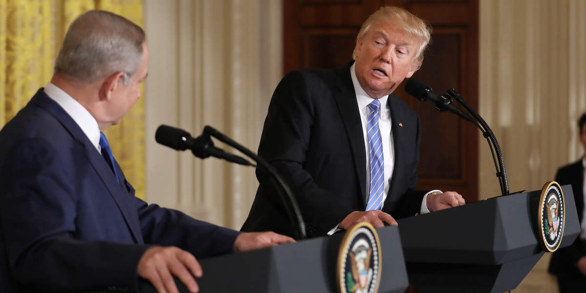 President Donald Trump (R) and Israeli Prime Minister Benjamin Netanyahu hold a joint news conference at the White House in Washington, U.S., February 15, 2017.