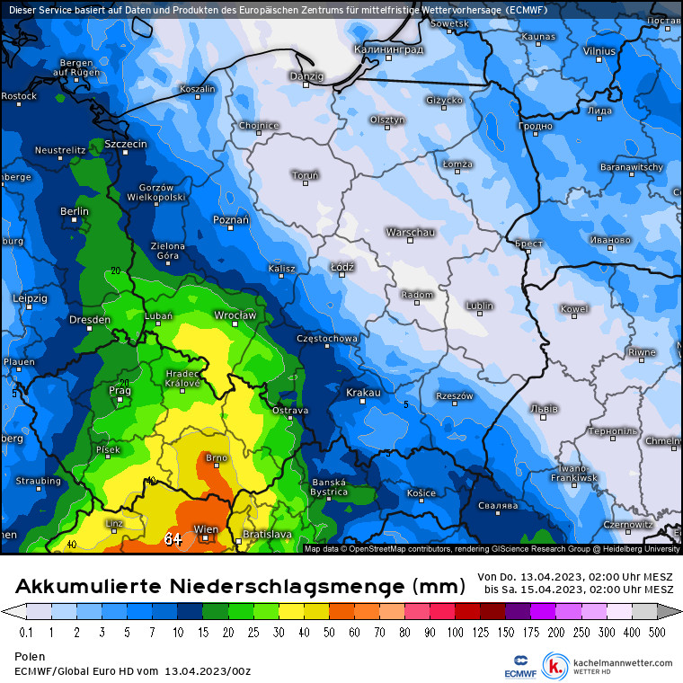 Prognozy wskazują, że na południowym zachodzie sumy opadów osiągną 30-40 mm, ale punktowo deszczu może uzbierać się nawet 50 mm.