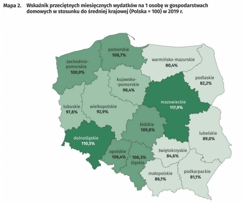 Wskaźnik przeciętnych miesięcznych wydatków na 1 osobę w 2019 r. z podziałem na województwa 