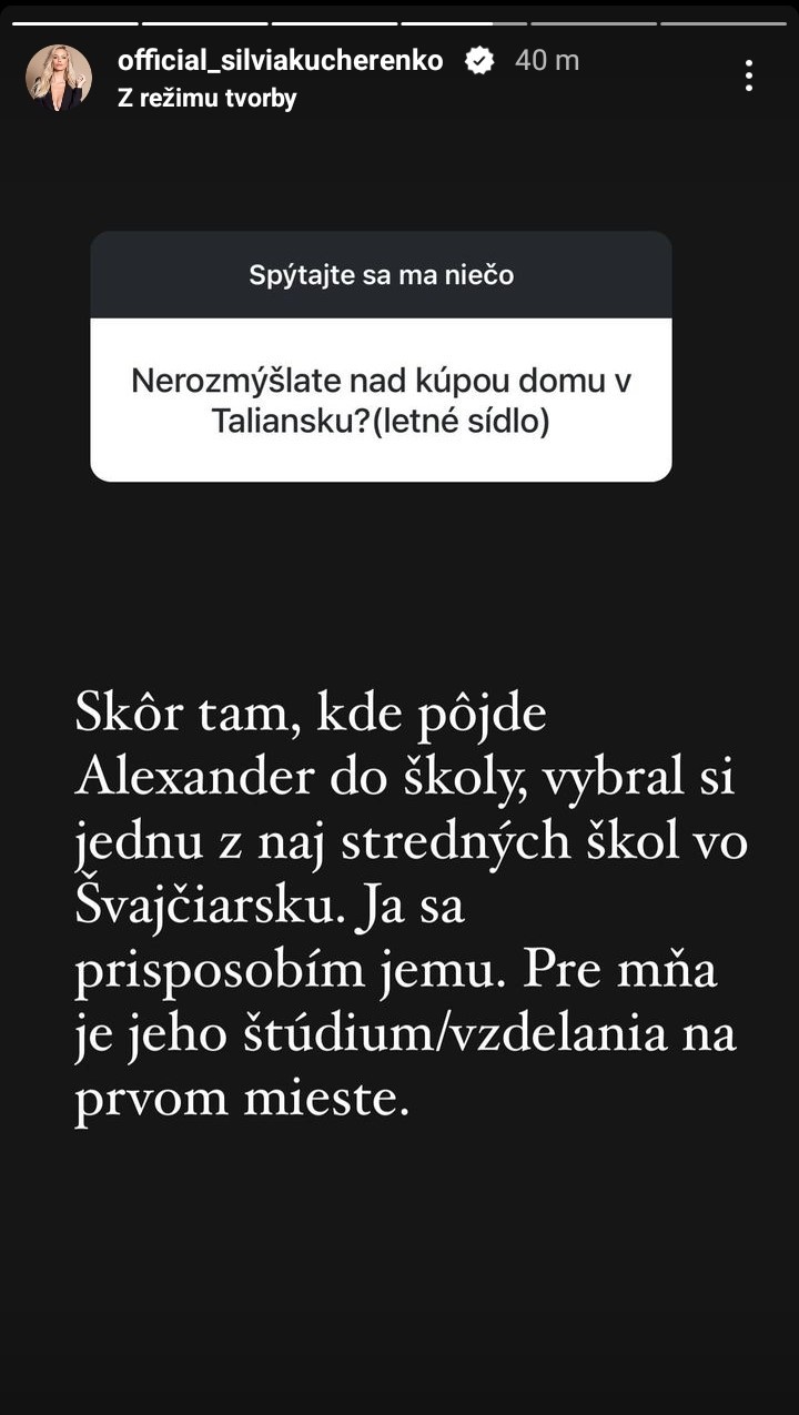 Silvia Kucherenko zvažuje sťahovanie do Švajčiarska kvôli synovi Alexandrovi.