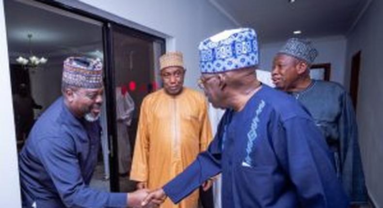 Mr Ade Omole (Left), Director of Diaspora Directorate of the defunct APC Presidential Campaign Council cPCC) in a handshake with President Bola Tinubu