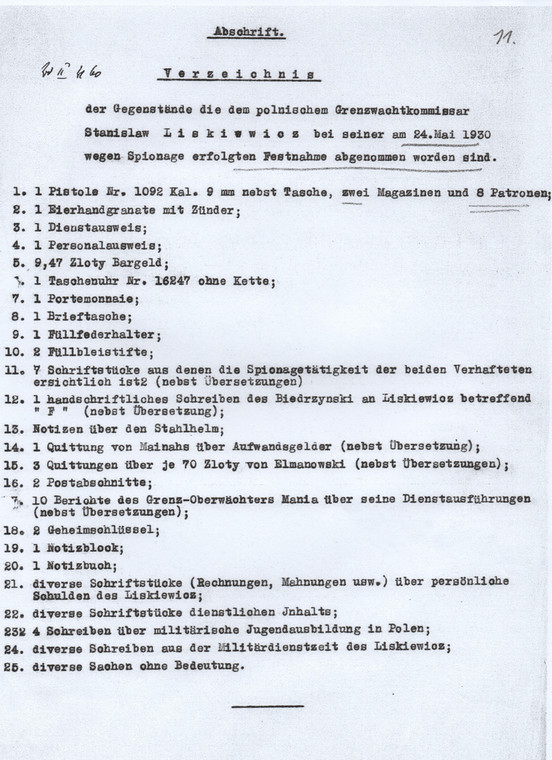 Specyfikacja pism i przedmiotów znalezionych przy Stanisławie Liśkiewiczu