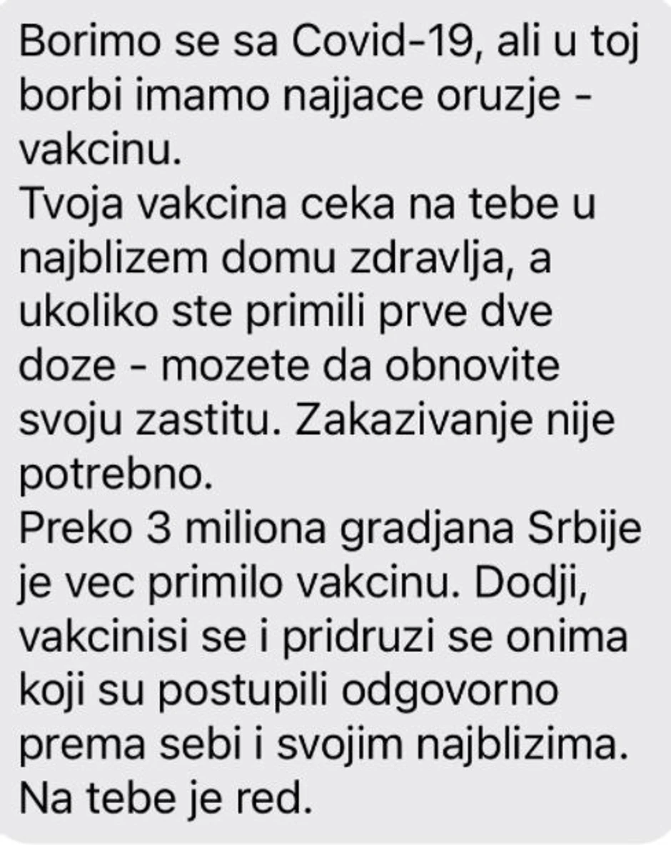 Cirkularni SMS poziv na vakcinaciju dobiće svi građani koji koriste mogbilni telefon