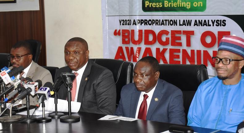 From Left, Commissioner for Finance, Mr Rabiu Olowo, Commissioner for Economic Planning and Budget, Mr Sam Egube; Commissioner for Information and Strategy, Mr Gbenga Omotoso and Chairman House Committee on Economic Planning and Budget, Lagos House of Assembly, Mr Gbolahan Yishau during a news conference on Appropriation Law Analysis  Budget of Awakening in Lagos on Tuesday (07/01/20). [NAN]