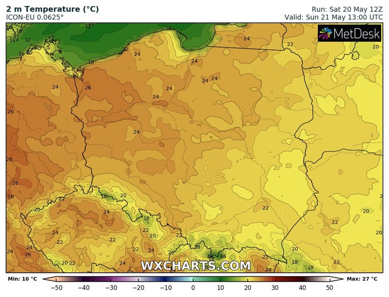 W niedzielę temperatura wzrośnie na znacznym obszarze do 22-26 st. C