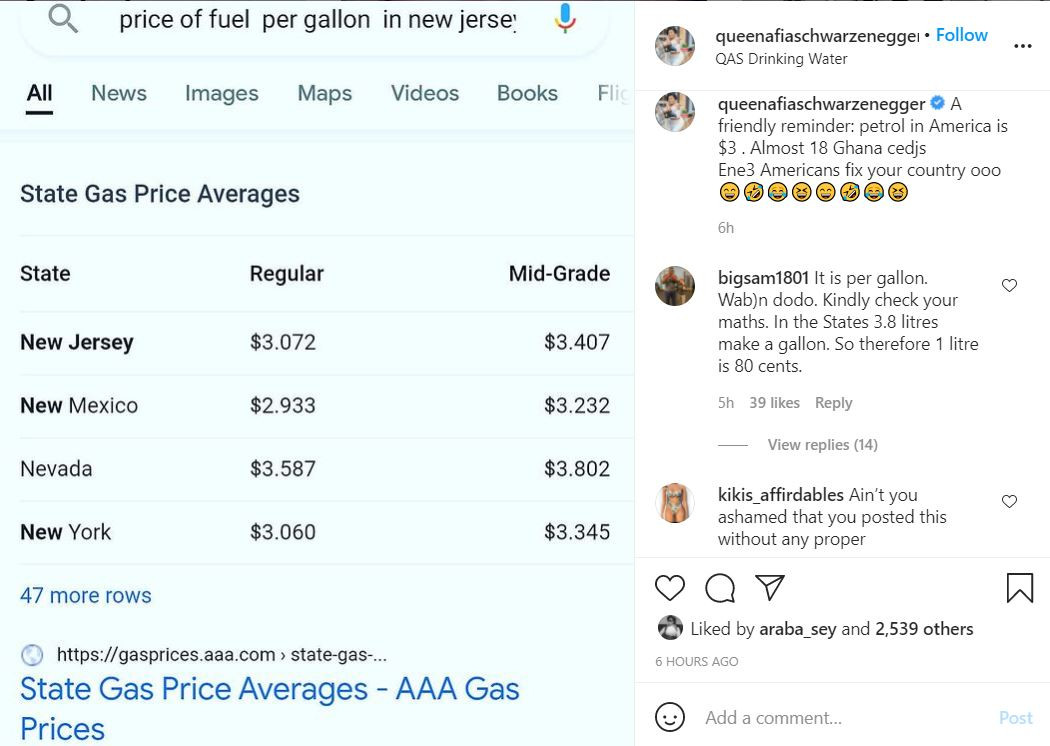 Afia Schwarnegger compares fuel pricess in Ghana and the U.S.