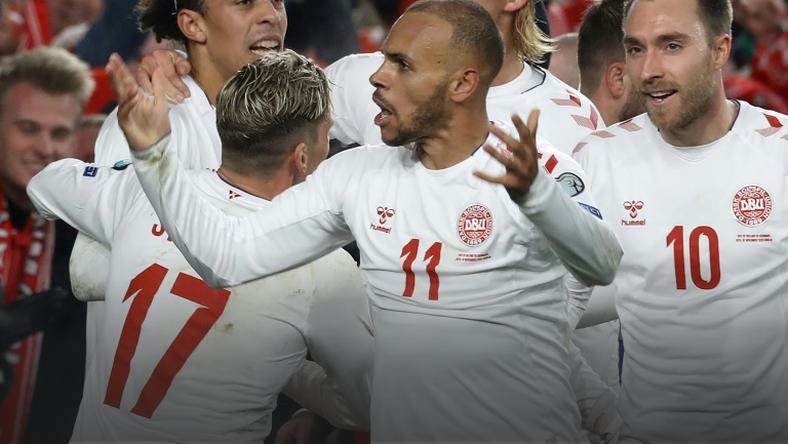 Martin Braithwaite (C) celebrates after putting Denmark ahead against Ireland - a 1-1 draw allowed the Danes to qualify for Euro 2020