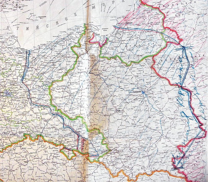 Mapa powojennego podziału Polski z notatkami Stalina