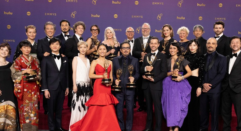 The cast, showrunners, and producers of Shgun pose with their awards at the 2024 Emmys.Disney / Scott Kirkland