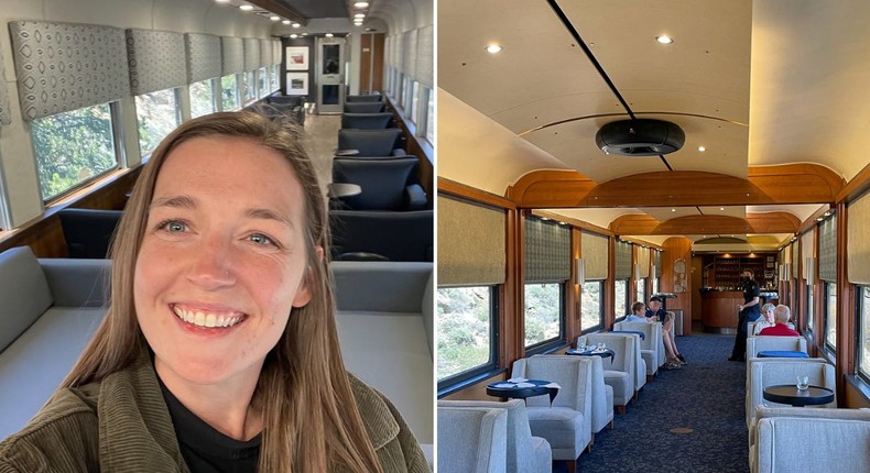 The author in the two first-class lounge cars on the Rocky Mountaineer.Monica Humphries/Business Insider