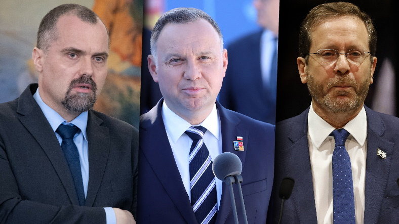 Prezydencki minister Jakub Kumoch, prezydent Andrzej Duda i prezydent Izraela Izaak Herzog