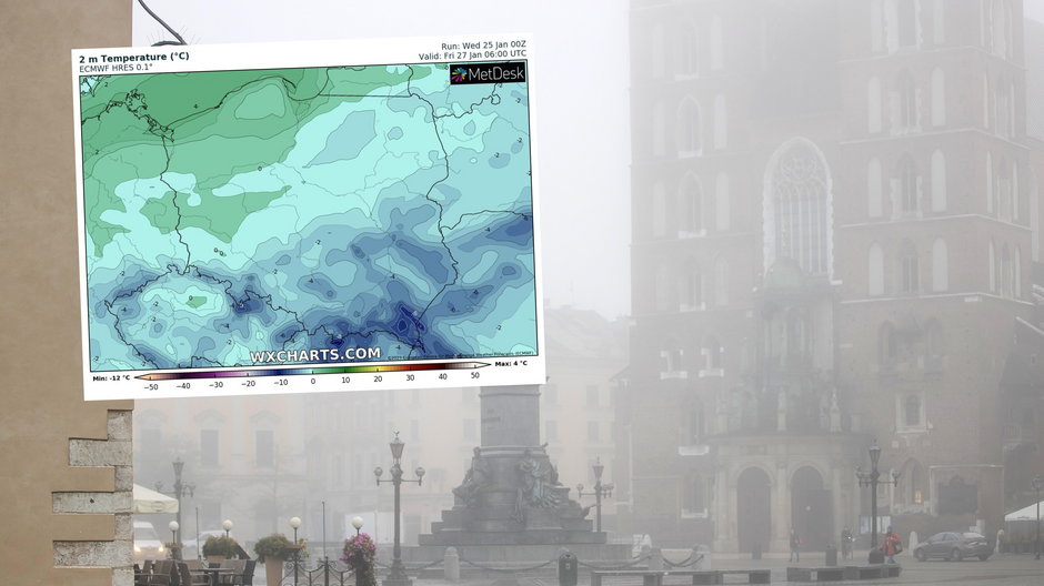 Czwartek będzie następnym ponurym dniem (mapa: wxcharts.com)