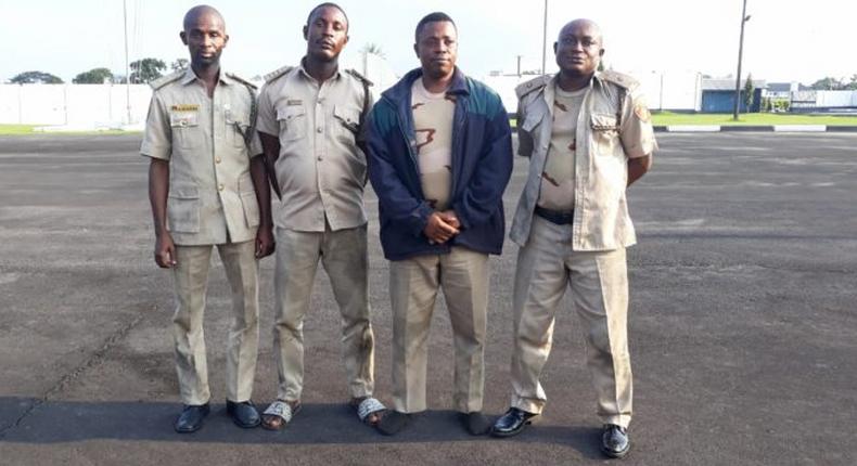 Officers of the Nigerian Immigration Service rescued from kidnappers’ camp by troops of the Nigerian Navy Ship Pathfinder in Port Harcourt on Wednesday. [NAN]