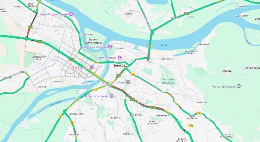 Mapa gužvi u Beogradu nakon blokada raskrsnica i mostova