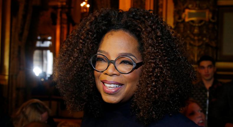 FILE - This March 4, 2019 file photo shows Oprah Winfrey at the presentation of Stella McCartney's ready-to-wear Fall-Winter 2019-2020 fashion collection in Paris. Winfrey praised her late friend and idol, Toni Morrison, hailing the best-selling authors confidence and self-assuredness and nobility. Winfrey and Morrison knew each other for more than 20 years, dating back to when Winfrey was so determined to learn the authors unlisted phone number that she called the local fire department. (AP Photo/Michel Euler, File)