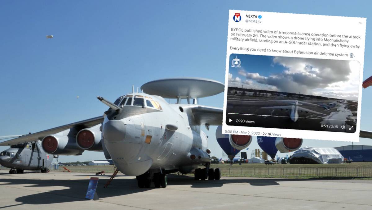 BYPOL opublikował nagranie z lądowania dronem na rosyjskim samolocie A-50 na lotnisku w Maczuliszce (screen: nexta_tv/Twitter)