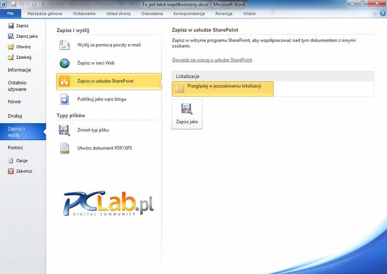 MS Word 2010 – funkcje zapisywania w usłudze SharePoint (kliknij, aby powiększyć)