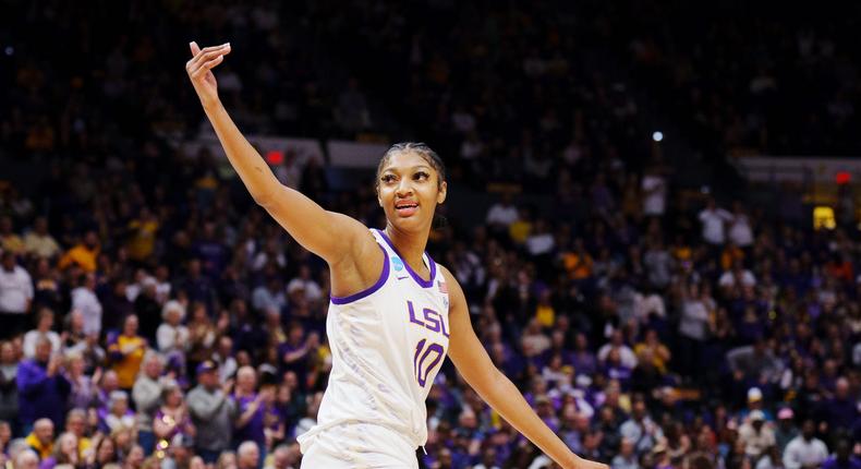 Angel Reese celebrates a play during LSU's rout of the Michigan Wolverines.Rebecca Warren/NCAA Photos via Getty Images