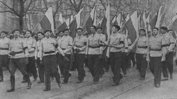 Członkowie Stronnictwa Narodowego podczas pogrzebu Romana Dmowskiego. Warszawa 1939 r. (Domena Publiczna)