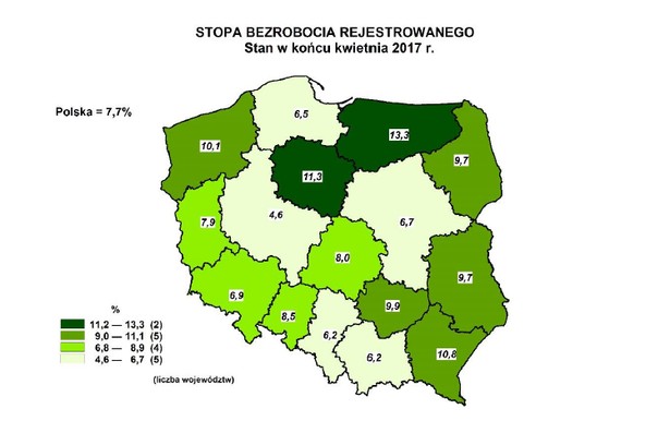 Stopa bezrobocia w kwietniu 2017, źródło: GUS