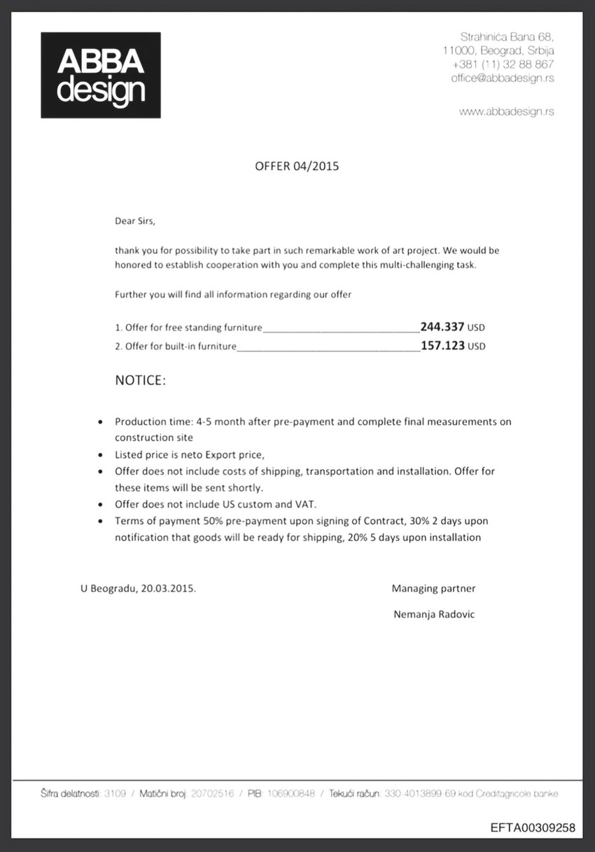 Radi se o ponudi kompanije ABBA design iz Beograda