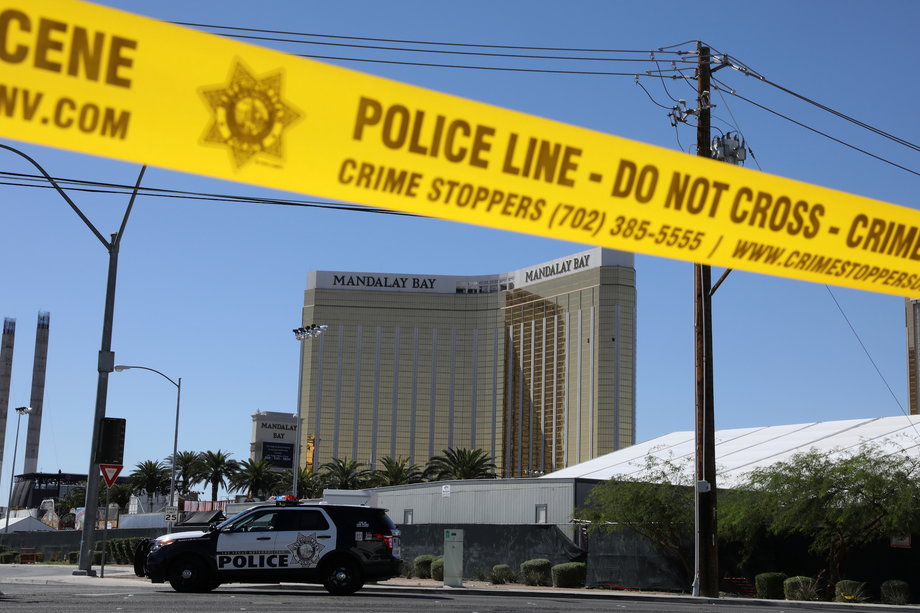 The site of the Route 91 music festival mass shooting is seen outside the Mandalay Bay Resort and Casino in Las Vegas, Nevada on October 2, 2017.