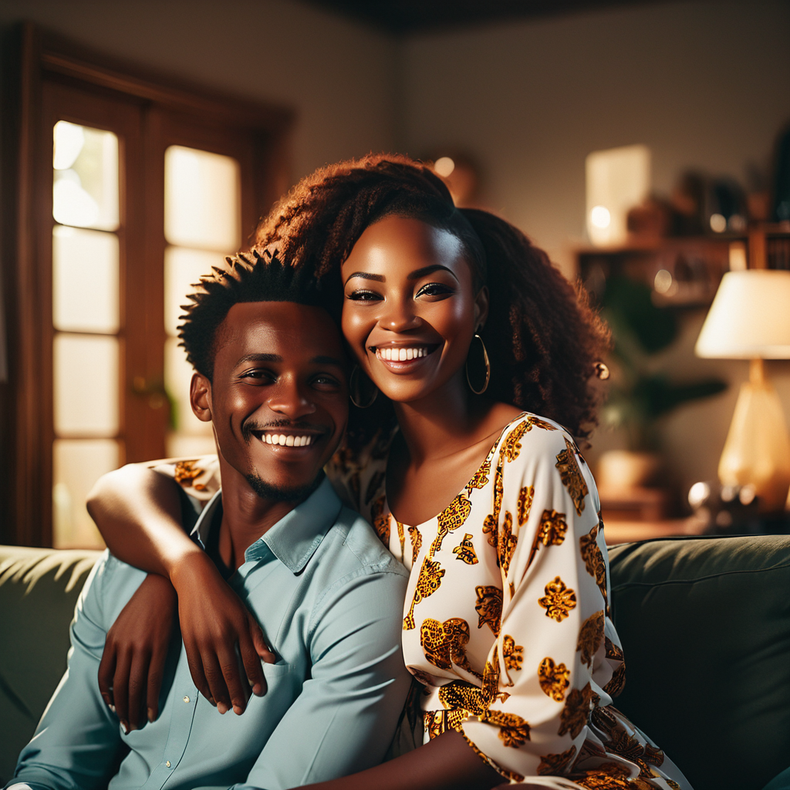 An AI-generated mage of happy African couple at home