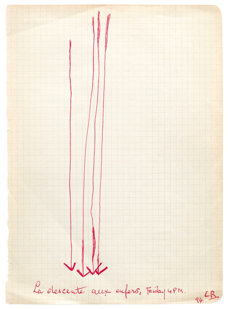 «La descente aux enfers, Friday 4 pm» 1994, rote Tinte auf Papier.