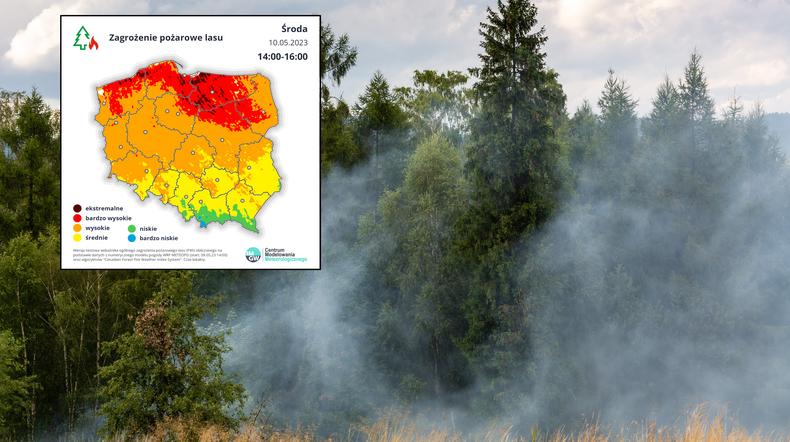 Zagrożenie pożarowe w lasach rośnie z godziny na godzinę (mapa: IMGW-PIB)