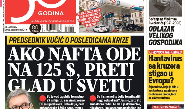 Blic naslovna strana za 8.5.