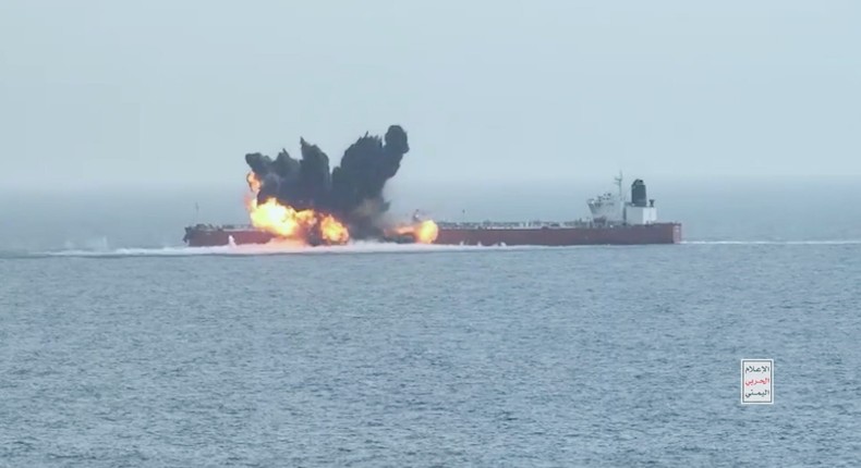 Screenshot showing an explosion on the oil tanker Chios Lion in the Red Sea on July 15, 2024.mmy.ye