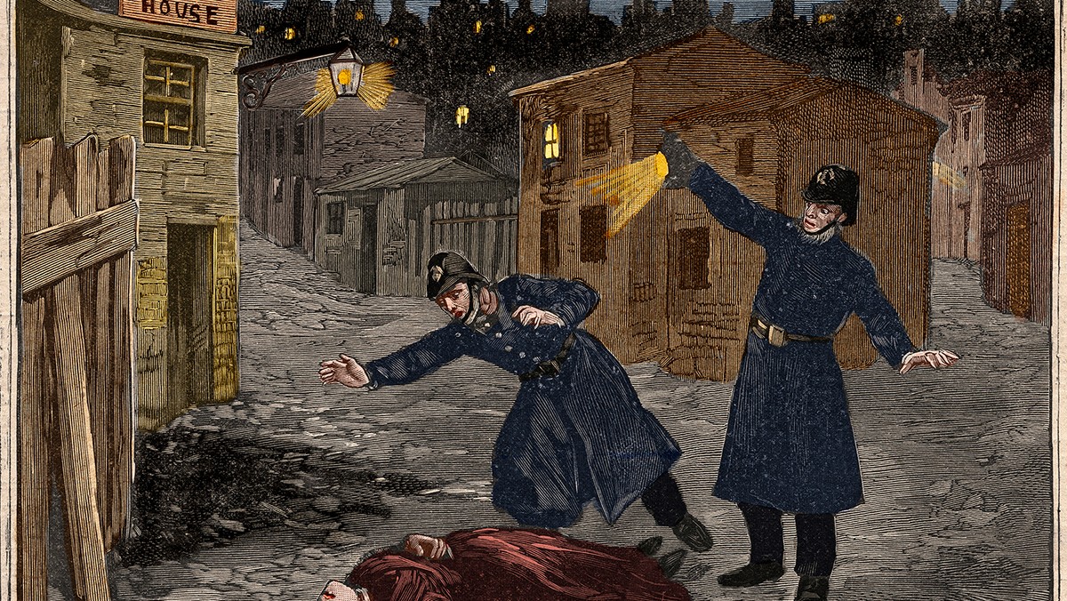 Ilustracja z „Le Petit Parisien z 1891 r. przedstawiająca zbrodnię popełnioną przez Kubę Rozpruwacza w londyńskiej dzielnicy Whitechapel