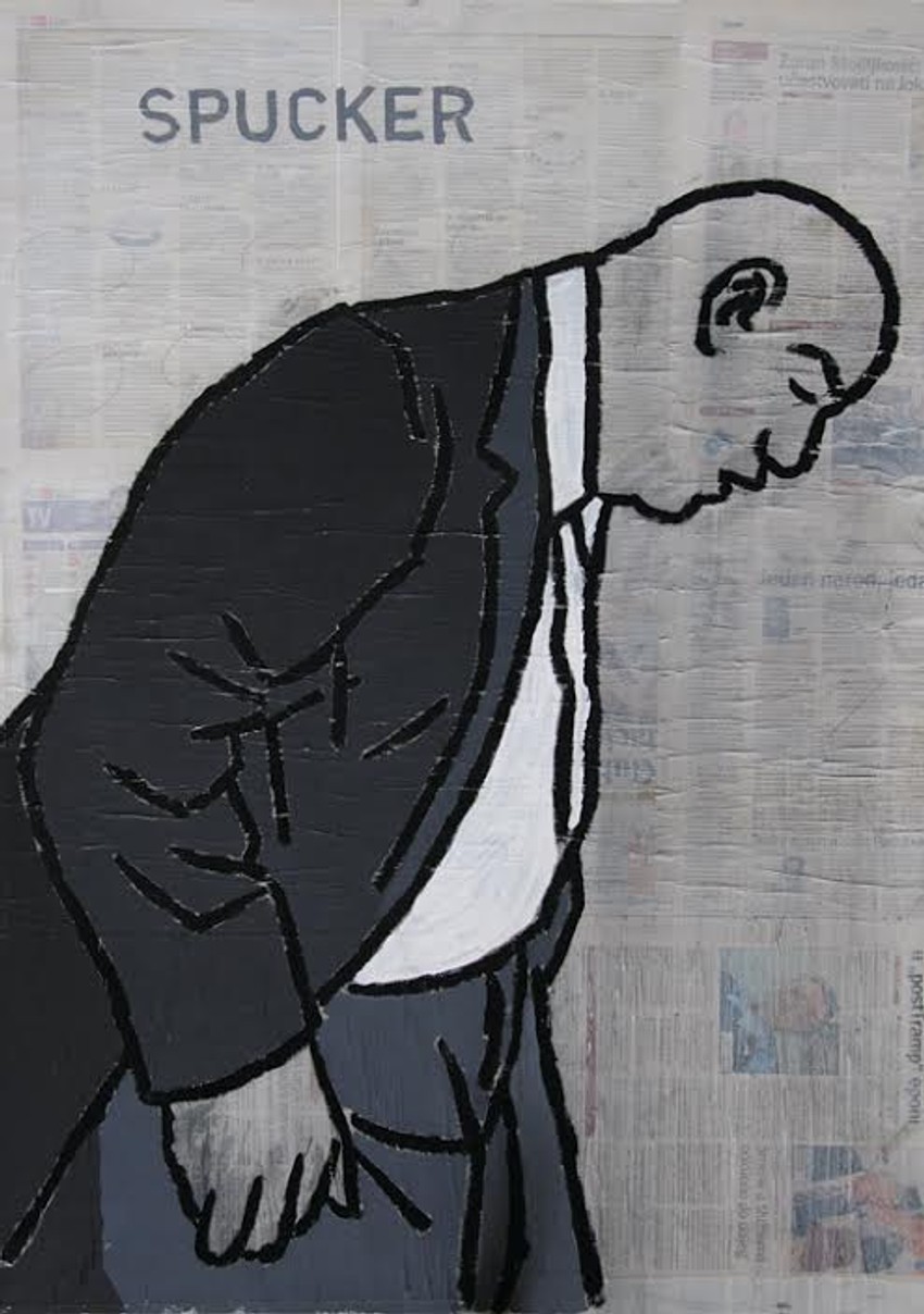 "Spucker", 2017, ulje-pigment-novina na platnu, 100x70
